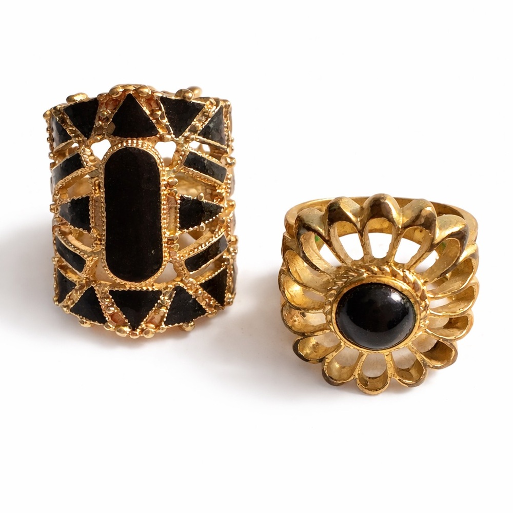 (2) Vintage Gold Tone Black Onyx Statement Ring Bundle